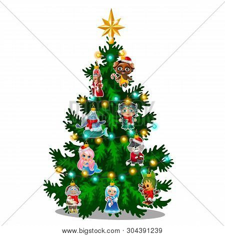 Green Christmas Tree With Colorful Painted Figurines Of Characters From Famous Fairy Tales Isolated 