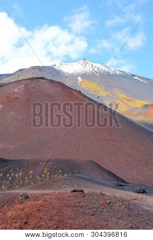 Mount Etna, Sicily, Italy - April 9th 2019: Beautiful Volcanic Landscape On Famous Mount Etna. Snow 