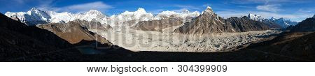 Panoramic Evening View From Gokyo Valley To Ngozumba Glacier And Mount Everest And Lhotse, Nepal Him