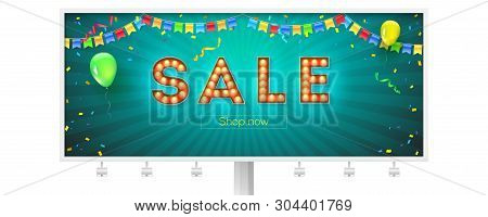 Sale. Volumetric Retro Font With Light Bulbs In Broadway Style. Festive Vector Billboard With Stream