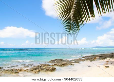 Beautiful Beach In Seychelles With Rocks And Palm Tree, Blue Indian Ocean And Picturesque Sky.