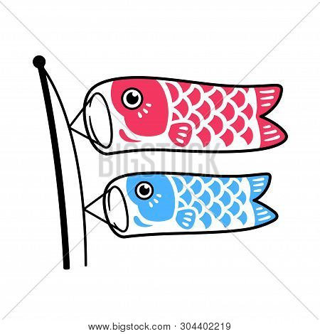 Koinobori, Traditional Japanese Fish Flags Drawing. Two Koi Carps Waving In Wing On Pole, Red And Bl