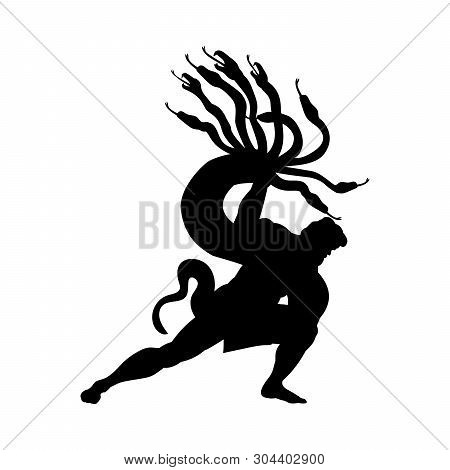 Heracles Fights Hydra Silhouette Ancient Mythology Fantasy. Vector Illustration.