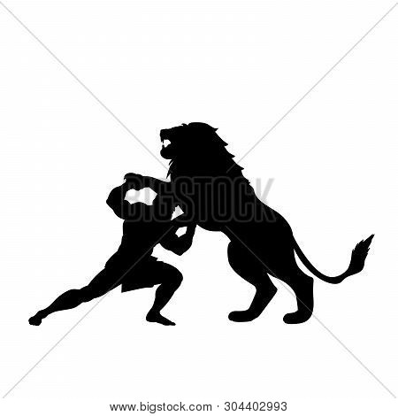 Heracles Fights Lion Predator Silhouette Mythology Fantasy. Vector Illustration.