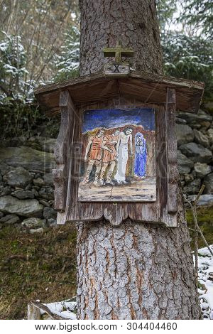 Zell Am Ziller, Austria, March 11, 2019: A Primitivism-style Icon (or Picture On A Biblical Theme) O