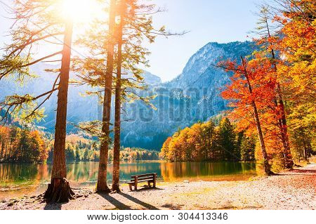 Autumn Trees On The Shore Of Hinterer Langbathsee Lake In Alps Mountains, Austria. Beautiful Autumn 