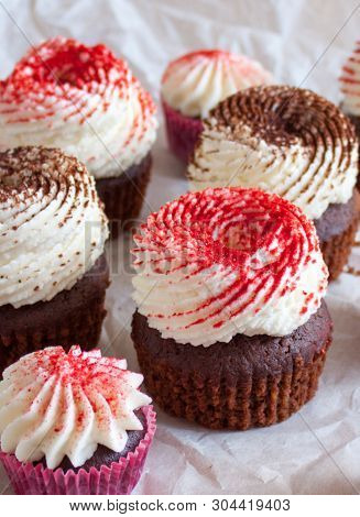 Chocolate Cupcakes With Cream Cheese Frosting, Decorated With Cocoa And Dried Strawberry Powder.
