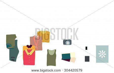 Vector Illustration Top View Luggage. Flat Lay Concept. Open Packed Suitcase. Advertising, Poster, B