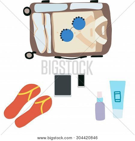 Vector Illustration Top View Luggage. Flat Lay Concept. Open Packed Suitcase. Advertising, Poster, B