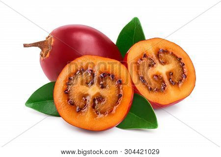 Fresh Tamarillo Fruit With Leaves Isolated On White Background