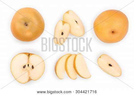 Fresh Asian Pear Isolated On White Background. Top View. Flat Lay. Set Or Collection
