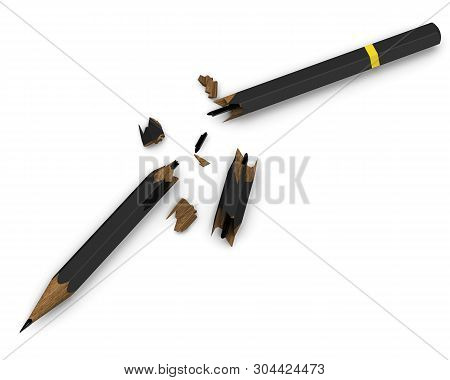Black Pencil Is Broken. A Broken Black Pencil Lies On A White Surface. 3d Illustration