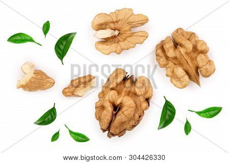 Peelled Walnuts Isolated On White Background. Top View. Flat Lay