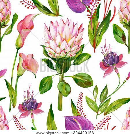 Gouache Seamless Exotic Floral Pattern With Protea, Calla, Anthurium And Fuchsia Flower