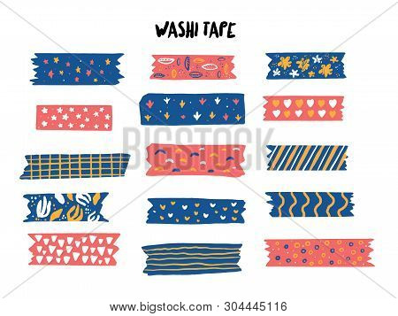 Modern Washi Tape Set With Different Patterns. Scrapbooking Collection, Border Banners Isolated On W