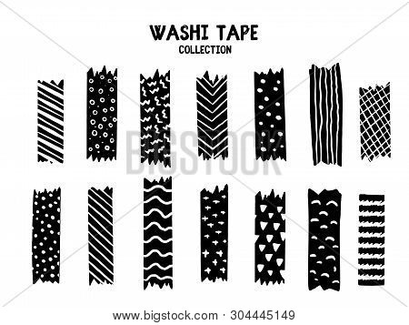 Modern Washi Tape Set With Different Patterns, Black And White Design. Scrapbooking Collection, Bord