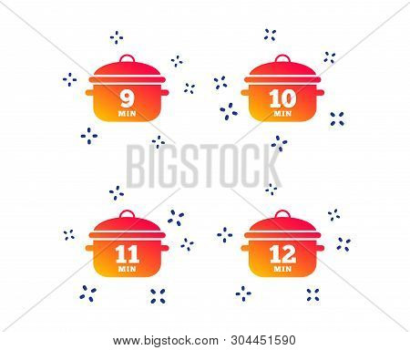 Cooking Pan Icons. Boil 9, 10, 11 And 12 Minutes Signs. Stew Food Symbol. Random Dynamic Shapes. Gra