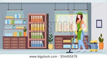 Woman Using Vacuum Cleaner Girl In Uniform Vacuuming Floor Cleaning Service Concept Modern Co-workin