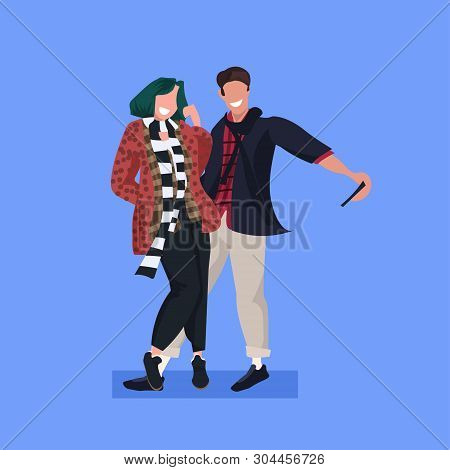 Couple Taking Selfie Photo On Smartphone Camera Casual Man Woman Standing Together Male Female Carto