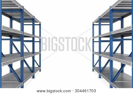 3d Rendering Of Two Empty Metal Rack Shelves Isolated On White Background