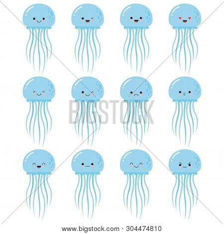 Set Vector Stock Illustrations Isolated Emoji Character Cartoon Jellyfish Stickers Emoticons With Di