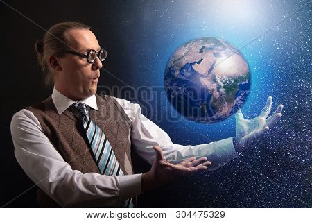 Funny Scientist Looking To Universe And Planet Earth