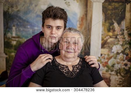 Family, Great-grandson Teenager With His Beloved Great-grandmother