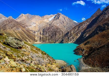 Deep Green Water Of Sheshnag Lake In The Vicinity Of Amarnath Cave In Kashmir. Sheshnag Lake Viewed 