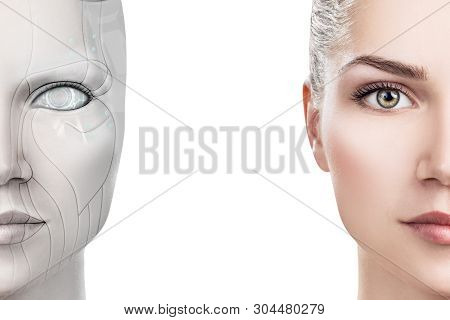 Cyborg Woman With Machine Part Of Her Face. Isolated On White.