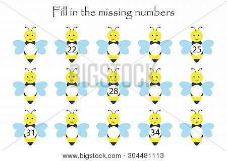 Game With Bees For Children, Fill In The Missing Numbers, Middle Level, Education Game For Kids, Sch