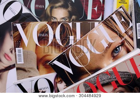 Heap Of Vogue Italia Fashion, Beauty And Lifestyle Magazines. Pile Of Conde Nast Publications Cover 