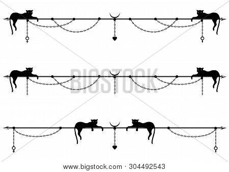 Set Of Vector Divider With Stylized Cat Or Panther, Chain And Sign Of Mars, Venus And Heart In Black