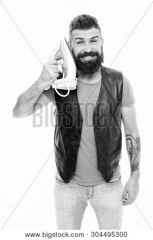 Can You Hear Me. Hipster Pretend Talking To Electric Ironing Tool. Bearded Man Holding Clothes Iron.