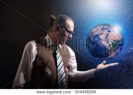 Funny Scientist Looking To Universe And Planet Earth