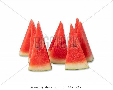 Sliced Watermelon Isolated On White Background. Citrullus Lanatus Is Summer Fruit.