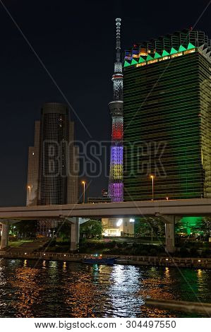 Tokyo, Japan, May 11, 2019 : Sumida River Banks By Night. The Greater Tokyo Area Ranked As The Most 