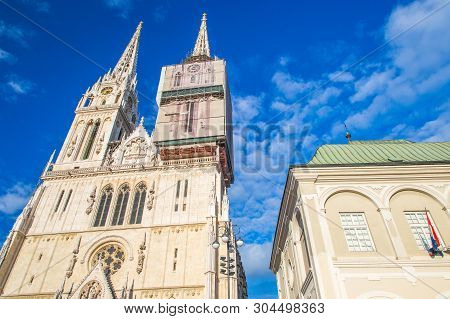 Monumental Catholic Cathedral In City Center Of Zagreb, Croatia, Kaptol District Towers And Old Defe