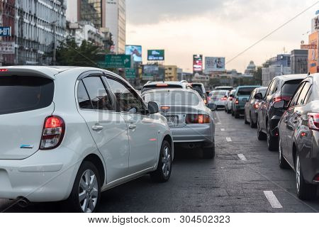 Cars On Busy Road In The City With Traffic Jam
