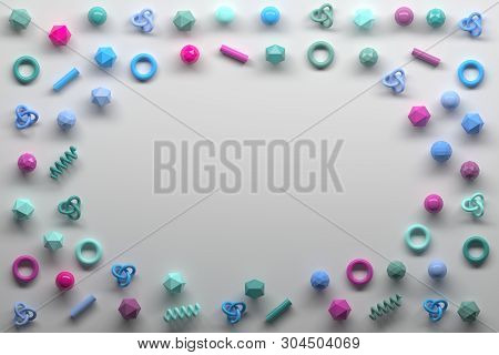 Collection Set Of Repeating Randomly Colored Glossy Primitive Geometric Figures Shapes On White Back