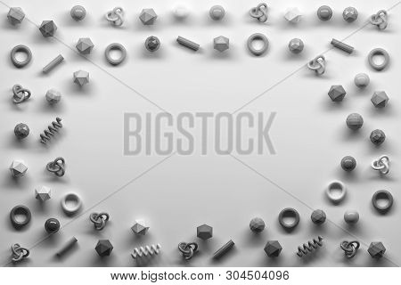 Black And White Collection Set Of Repeating Primitive Geometric Figures Shapes On White Background. 