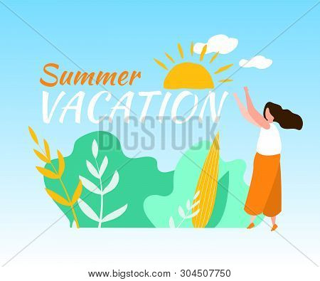 Summer Vacation. Woman Outdoors, Sun Shine, Blue Sky Summertime Vector Illustration. Nature Tree, Re