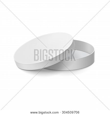 Opened Round Cardboard Box With Cap Mockup. Birthday Gift Packaging. Side View Of Blank Paper Empty 