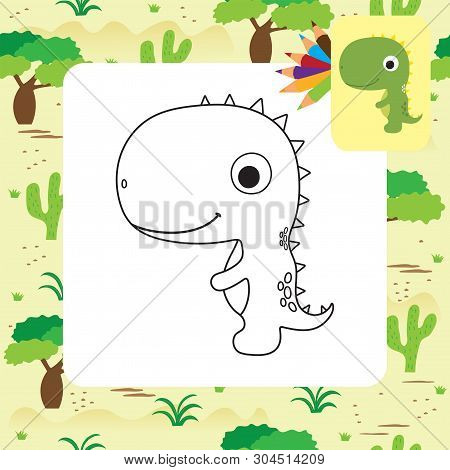 Cute Cartoon Dino Coloring Page. Vector Illustration