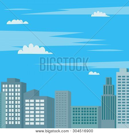 Skyscape With Towers Scene Vector Illustration.modern Business Buildings And Sky Background.cityscap