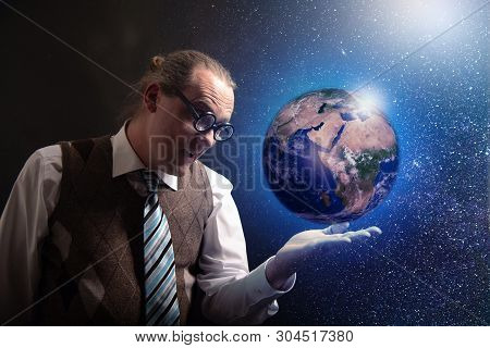 Funny Scientist Looking To Universe And Planet Earth