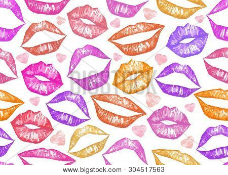 Pink Watercolor Lips Seamless Pattern Hand Made Illustration. Half-open Lips