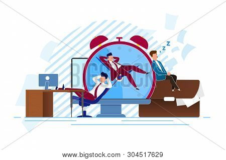 Procrastination Endless Cycle Vector Illustration. People Relax From Work In Office On Background La