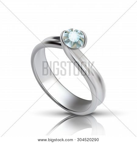 Stylish Silver Ring With Diamond On Top Vector. Female Adornment Ring With Faceted Jewelry Stone Ele