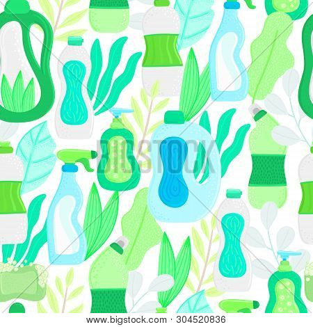 Seamless Pattern. Eco Friendly Household Cleaning Supplies And Leaves. Natural Detergents. Products 