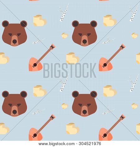 Russian Pattern With Bear And A Balalaika. Russian Symbol. Bear Seamless Pattern. Russian Sights And